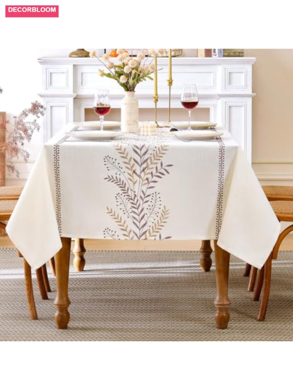 Linen Polyester Embroidered Tablecloth 55x71 Rectangle Dining Farmhouse